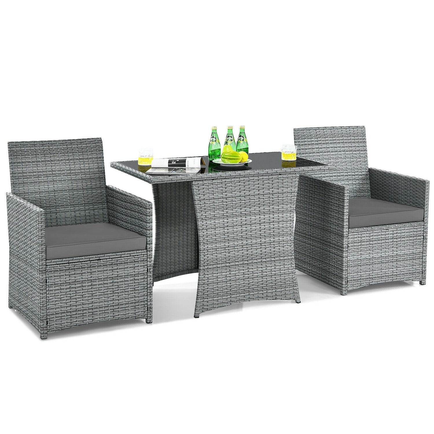 3 Pieces Patio Rattan Furniture Set with Cushioned Armrest Sofa