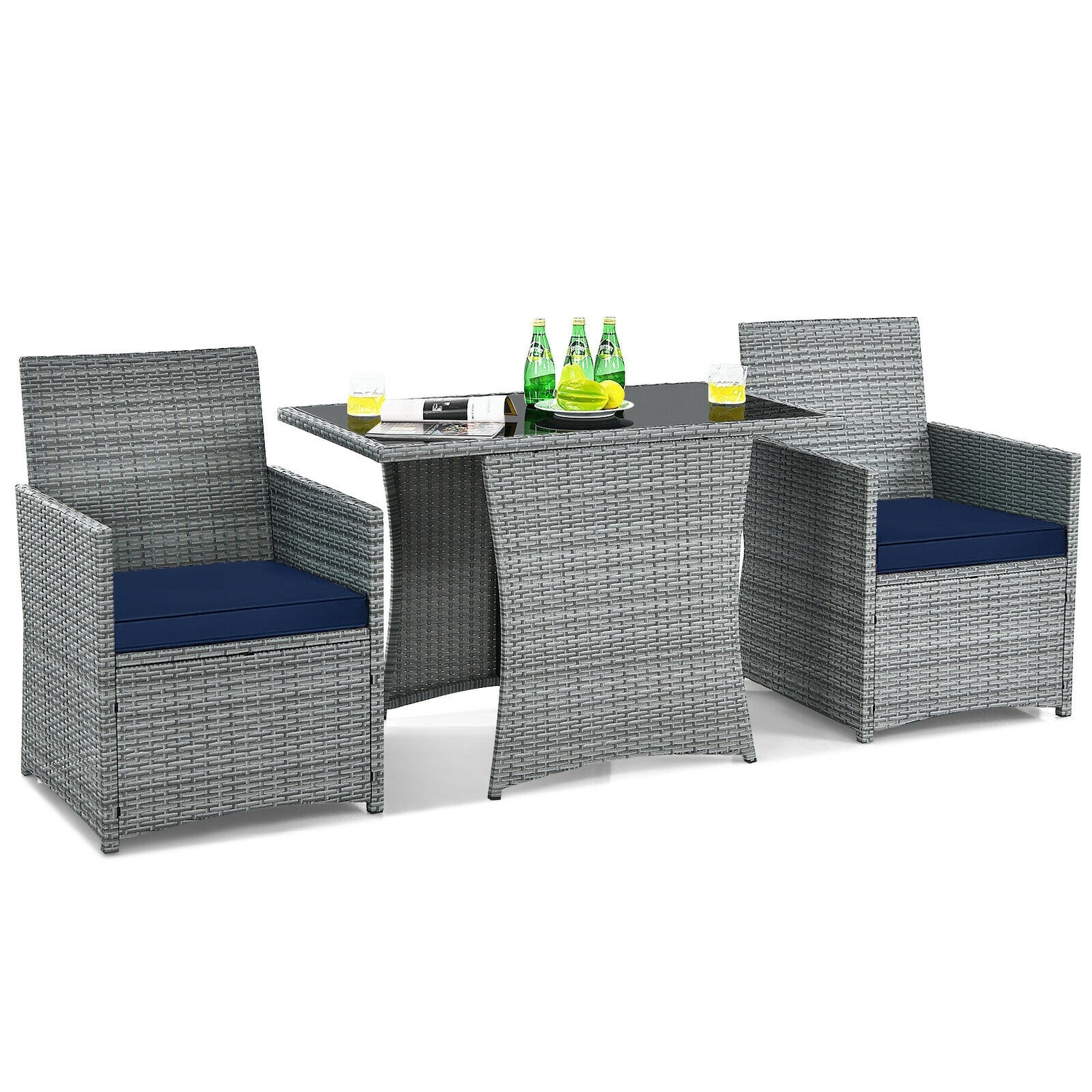 3 Pieces Patio Rattan Furniture Set with Cushioned Armrest Sofa