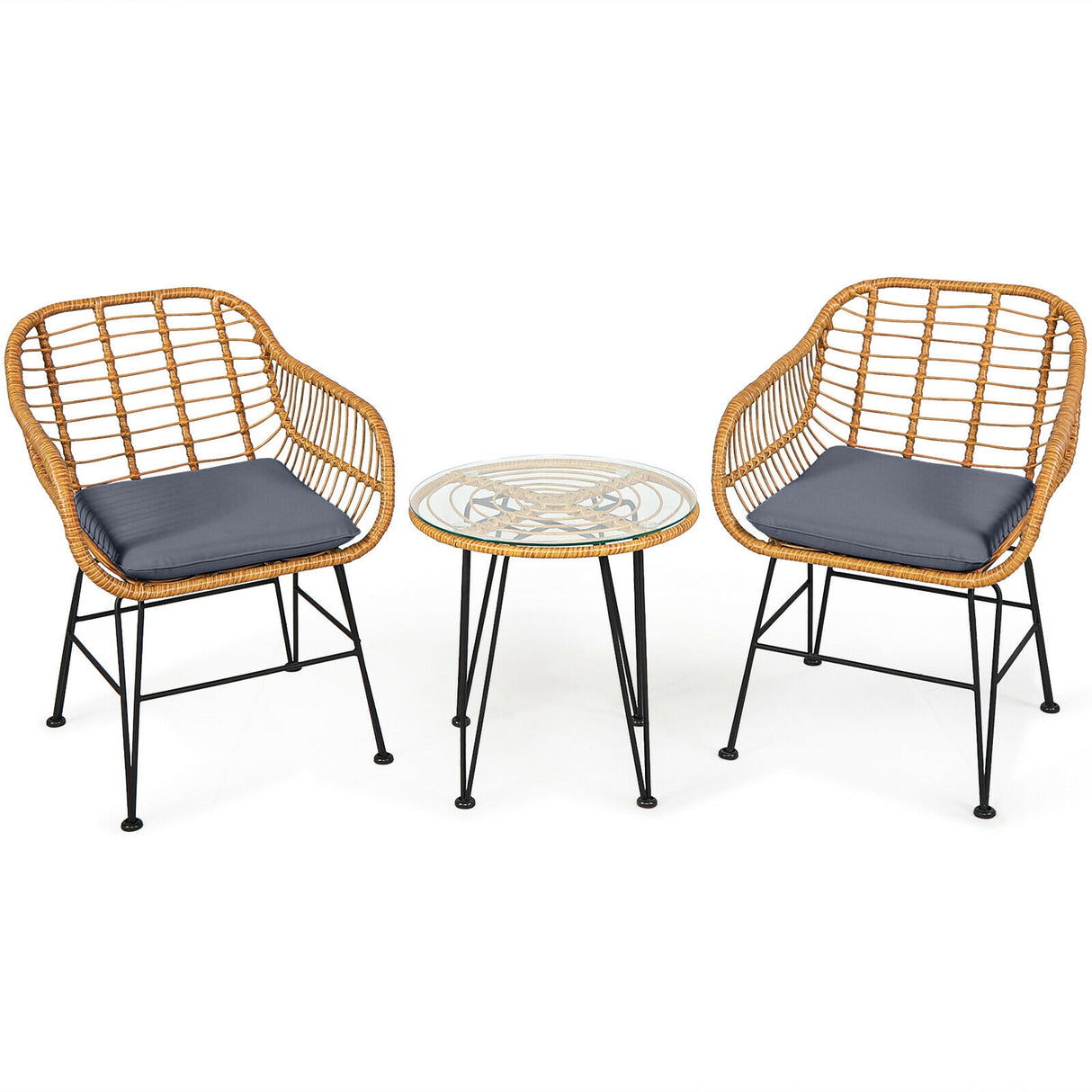 3 Pieces Rattan Furniture Set with Cushioned Chair Table