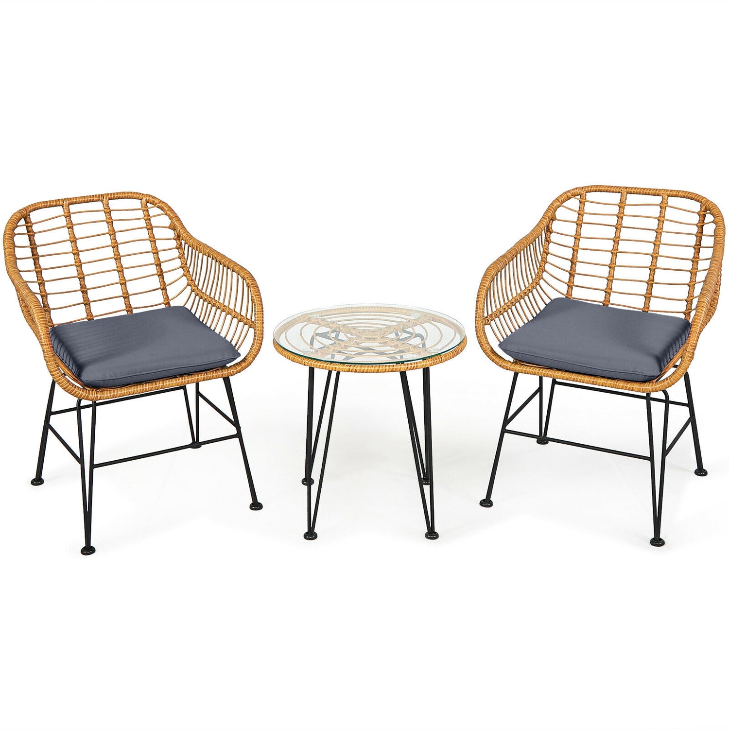 3 Pieces Rattan Furniture Set with Cushioned Chair Table
