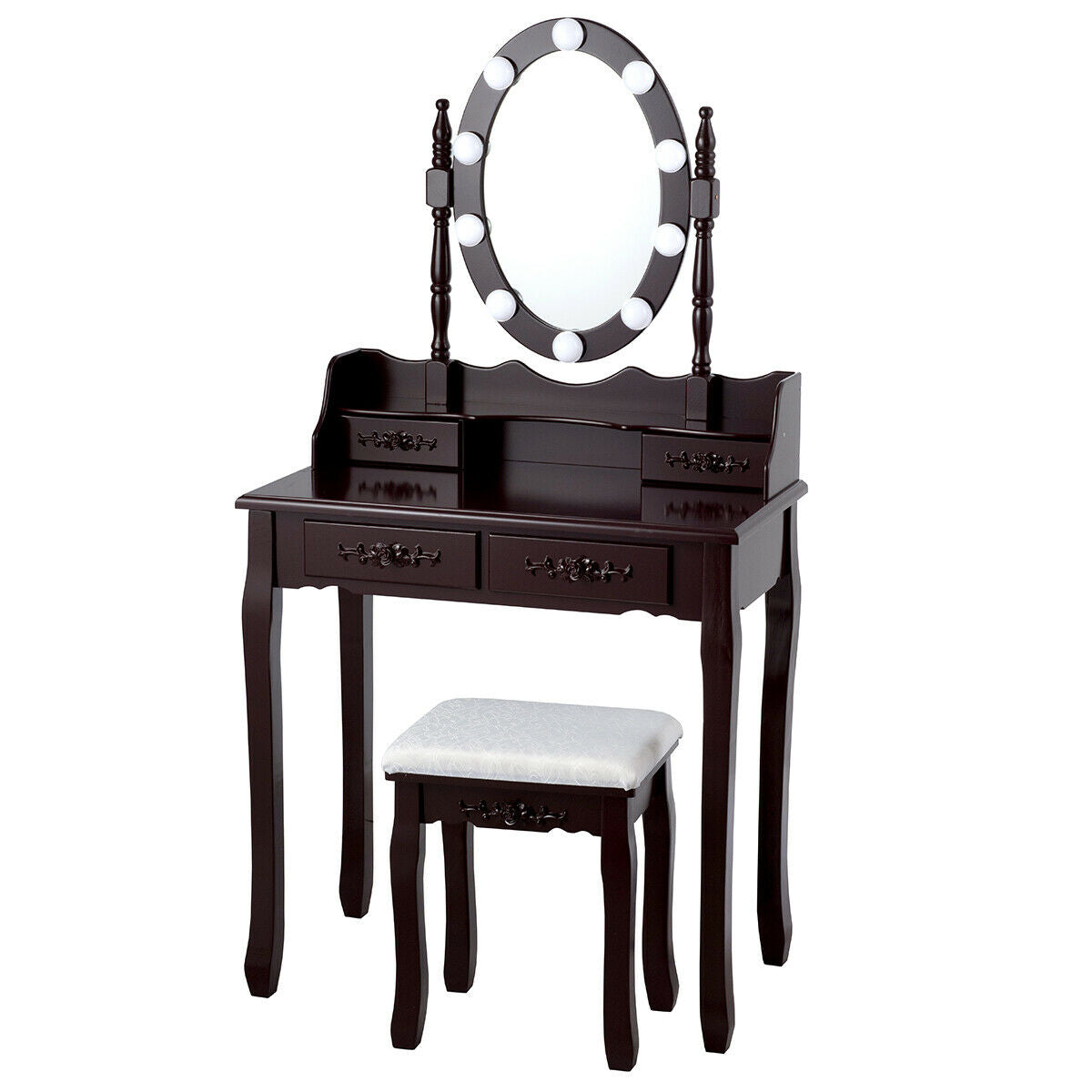 Makeup Dressing Table with Touch Switch Lighted Mirror and Cushioned Stool
