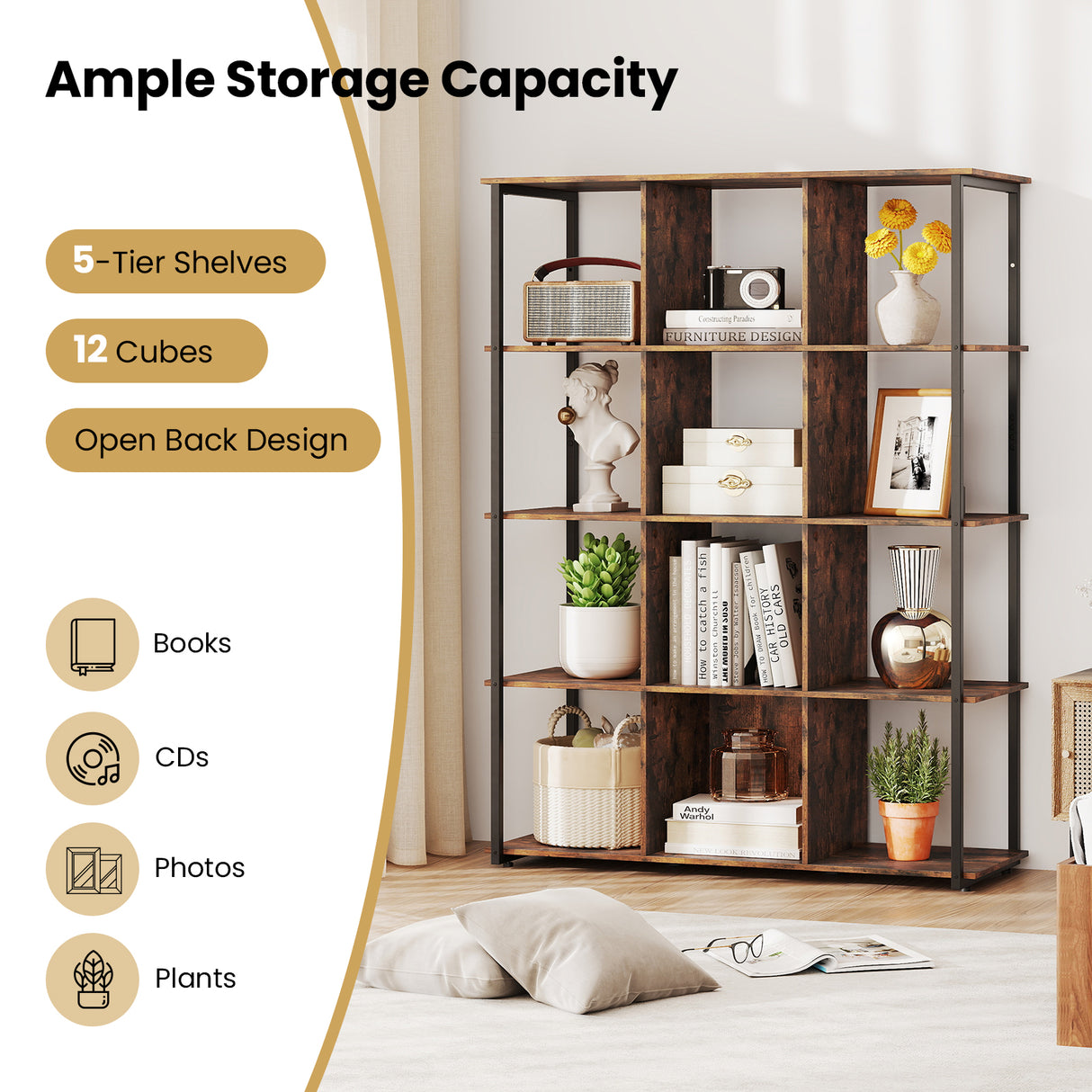 12-Cube Bookcase with 2 Anti-tipping Kits for Living Room-Rustic Brown