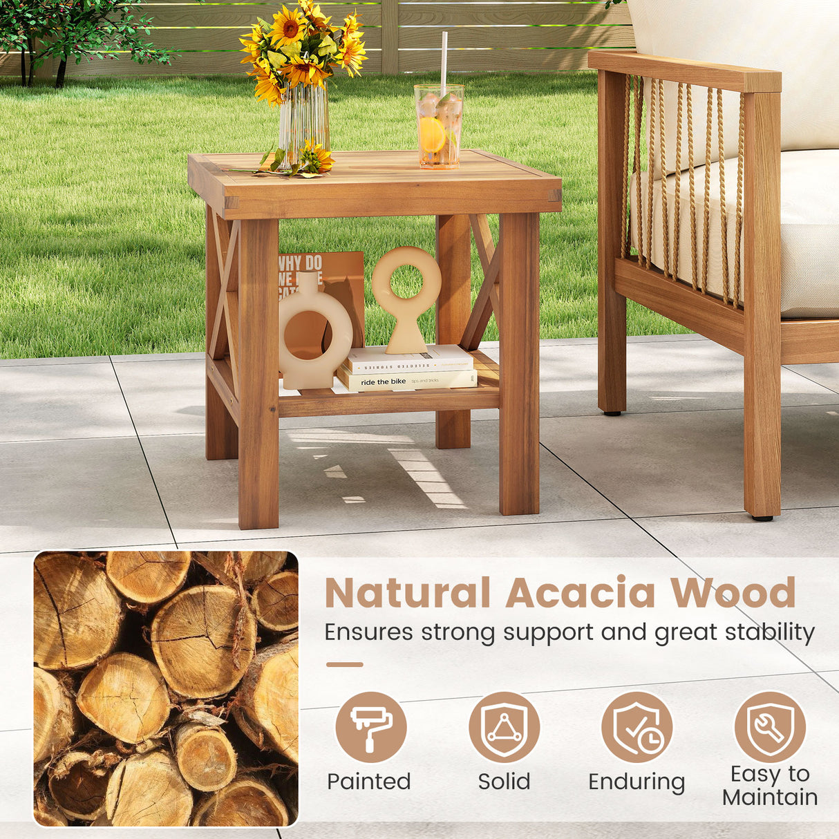 Outdoor Side Table with Storage Shelf for Small Space