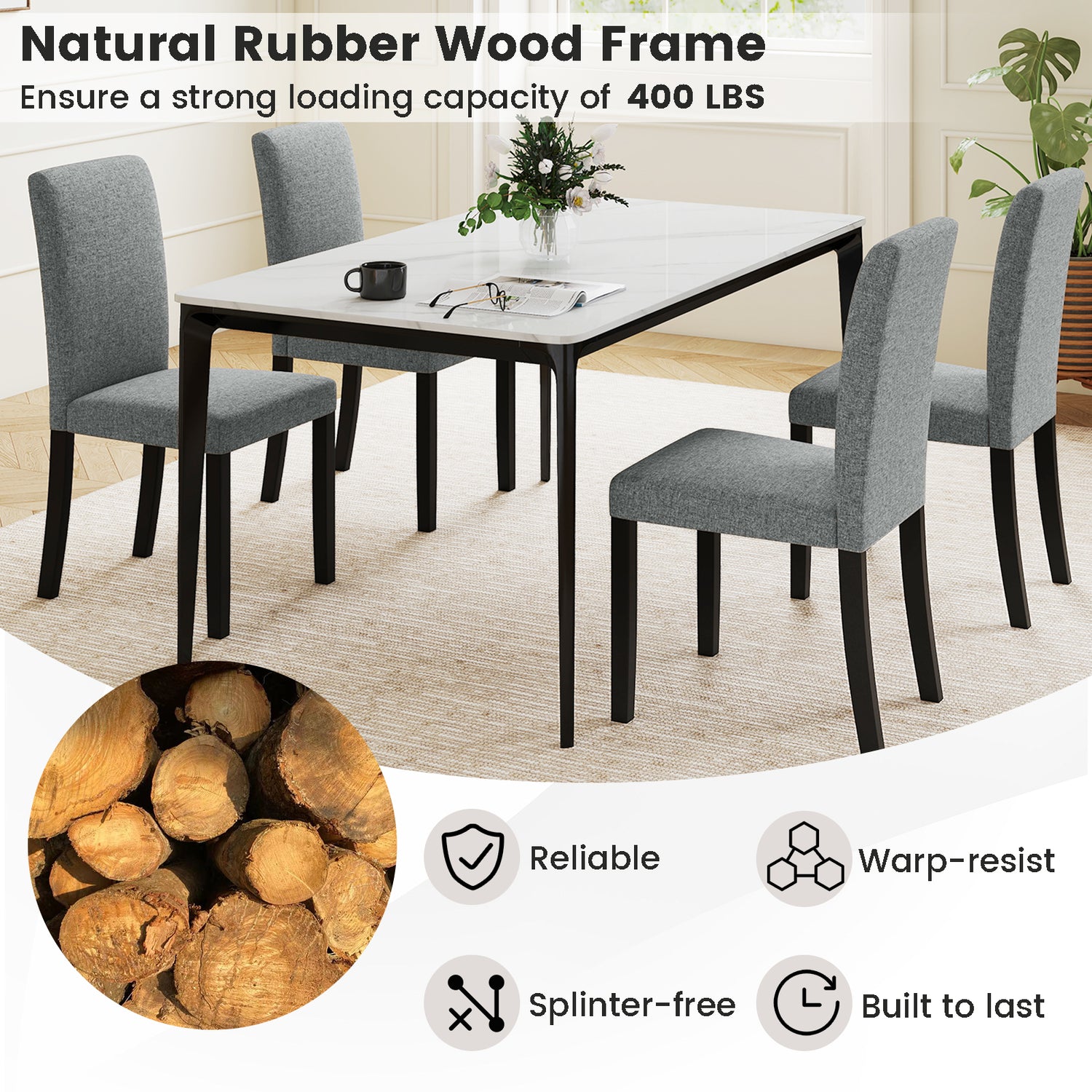 Dining Chair Set of 2 Mid-Century Modern Chairs with Rubber Wood Legs-Gray