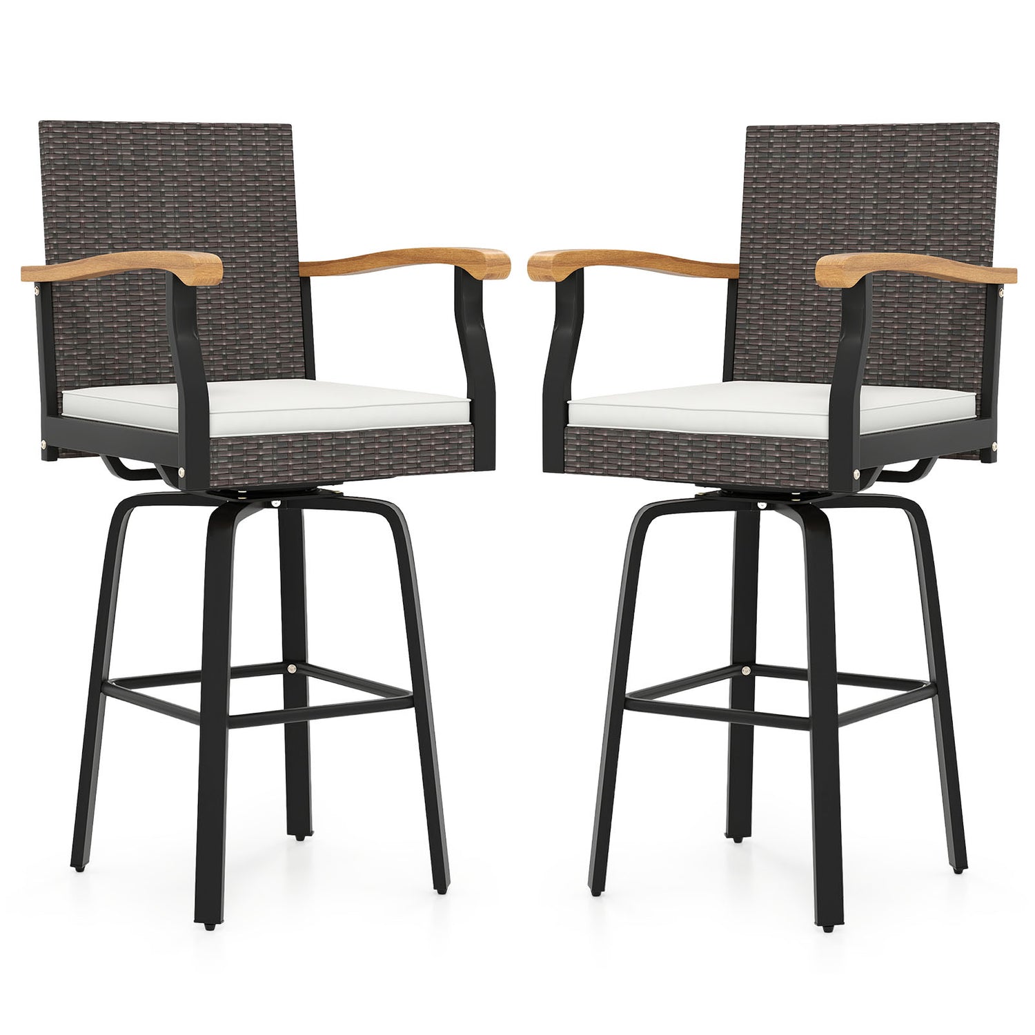 One Outdoor 360° Swivel Bar Stool with Cushion and Acacia Wood Armrests