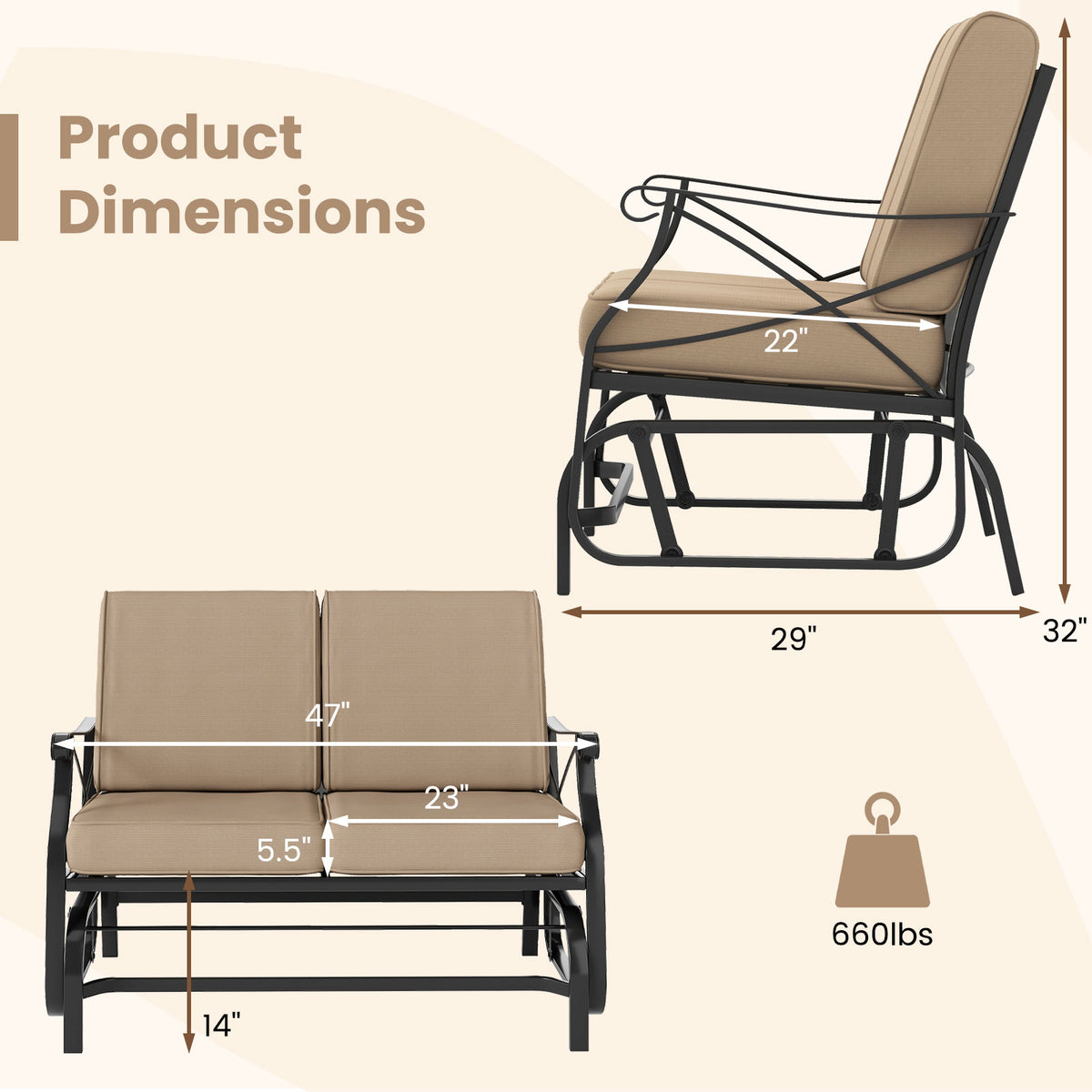 Outdoor 2-Person Glider Rocking Chair Loveseat with Thick Cushions and Metal Frame-Brown