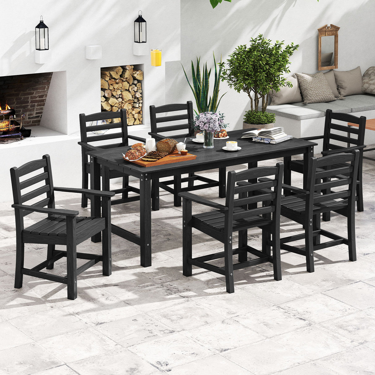7 Pieces Outdoor Dining Table Set for 6 People 67" HDPE Patio Rectangle Table and 6 Armchairs-Black