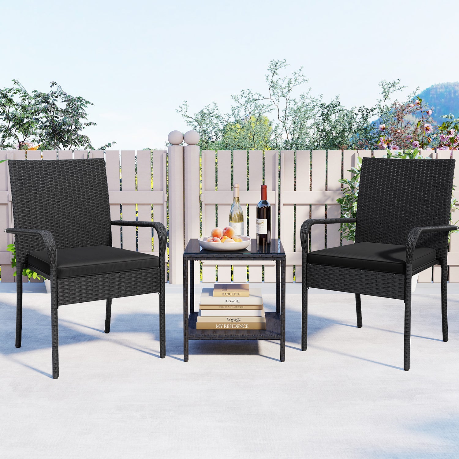3 Piece Patio Furniture Set with Seat Cushions and Tempered Glass Tabletop