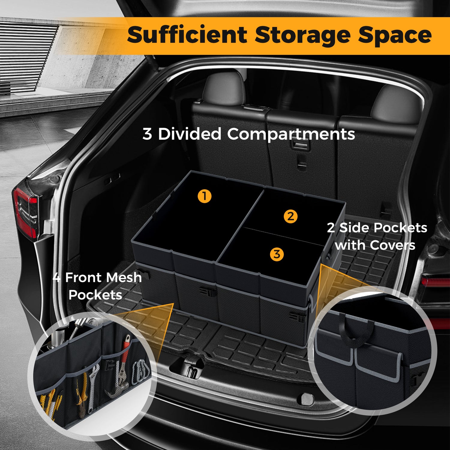 13 Gallon Car Trunk Organizer with Removable Divider and 6 Pockets-Black