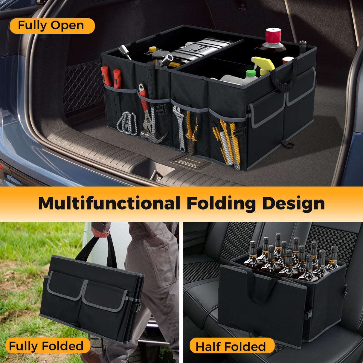 13 Gallon Car Trunk Organizer with Removable Divider and 6 Pockets-Black