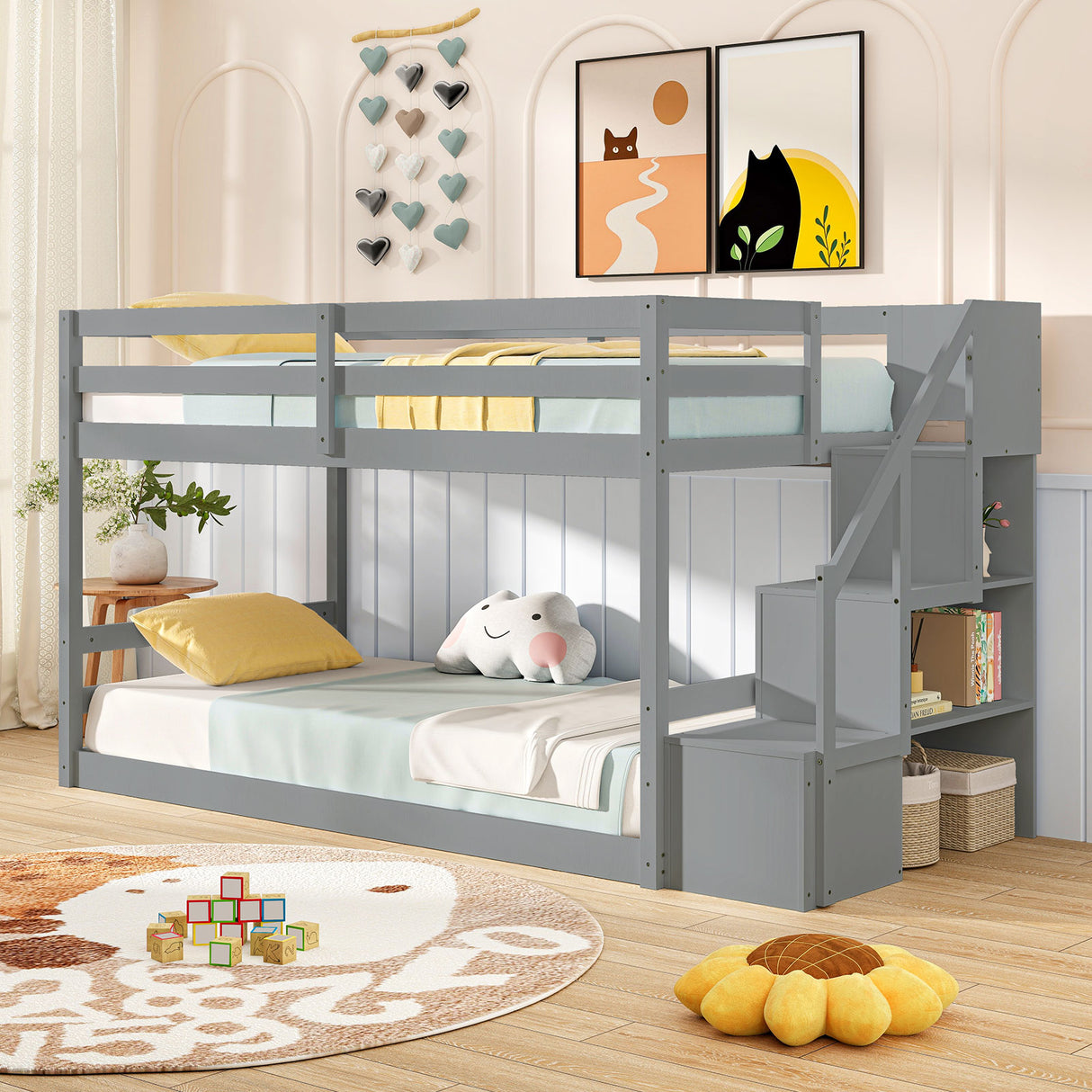 Twin Over Twin Low Bunk Bed with Storage Stairs Solid Wood Floor Bunk Bed Frame