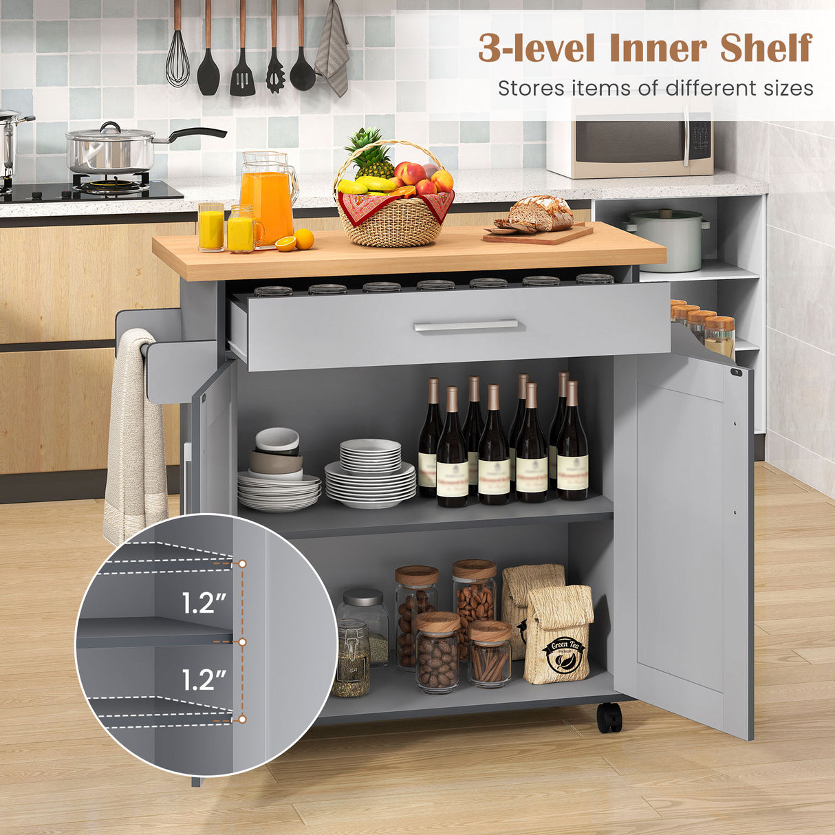 Rolling Kitchen Island Cart with Towel and Spice Rack