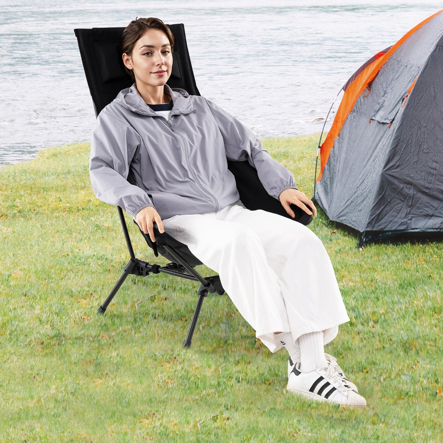 High Back Portable Camping Chair with Compact Carry Bag and Pillow-Black