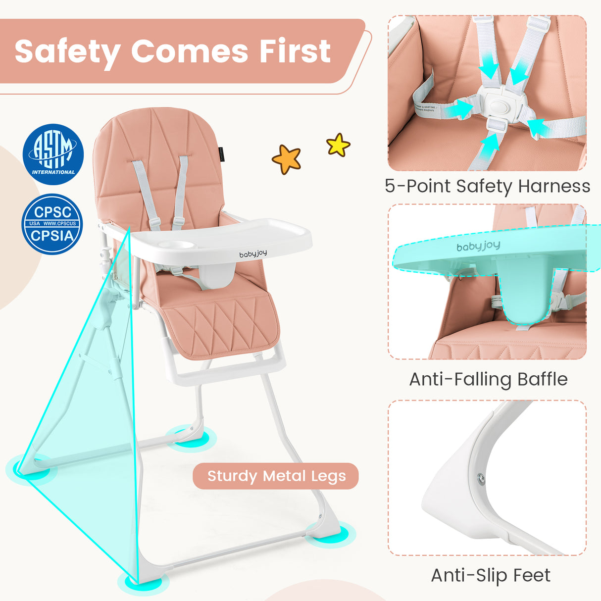 Easy Clean Compact Highchair with Removable Adjustable Tray and PU Seat Cushion