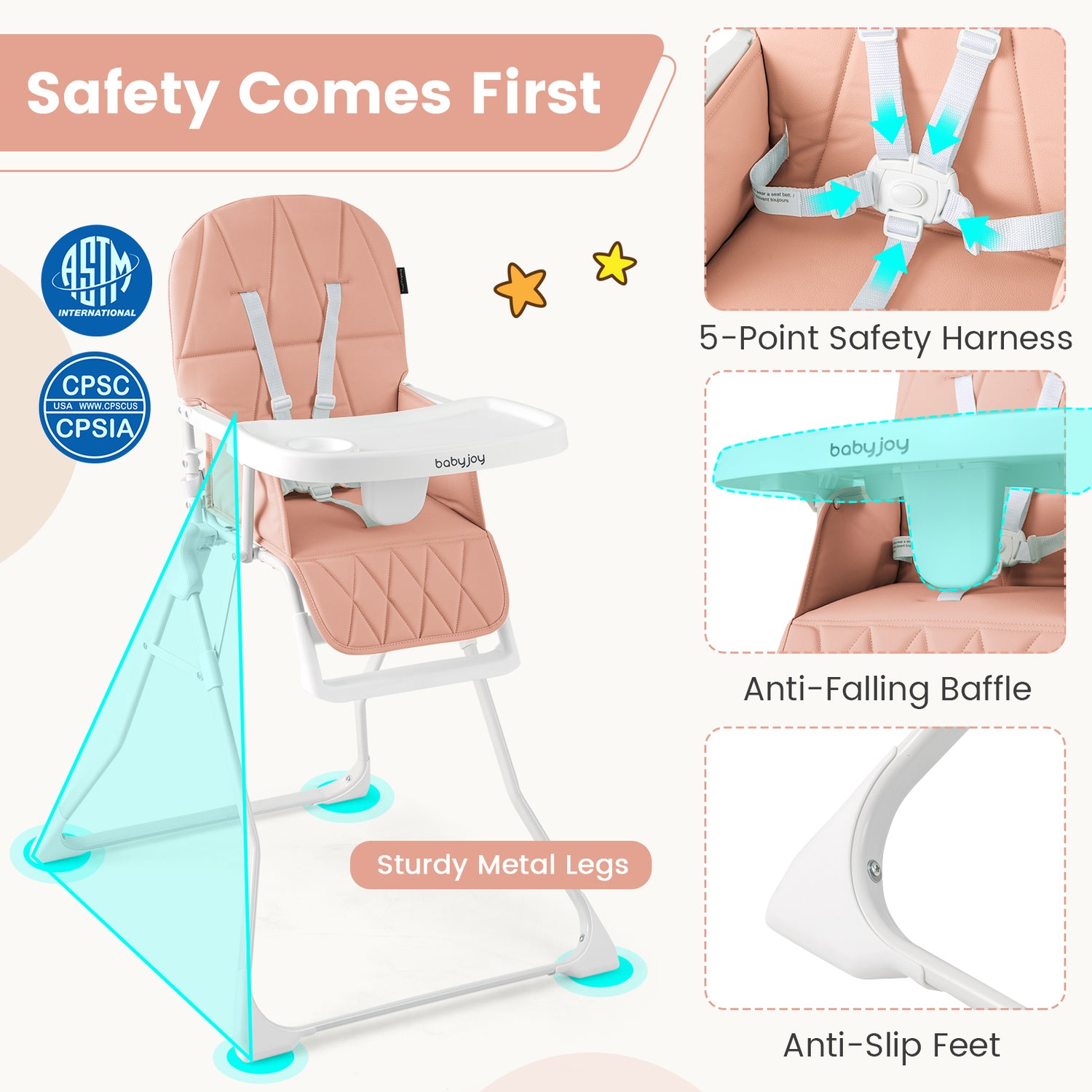 Easy Clean Compact Highchair with Removable Adjustable Tray and PU Seat Cushion