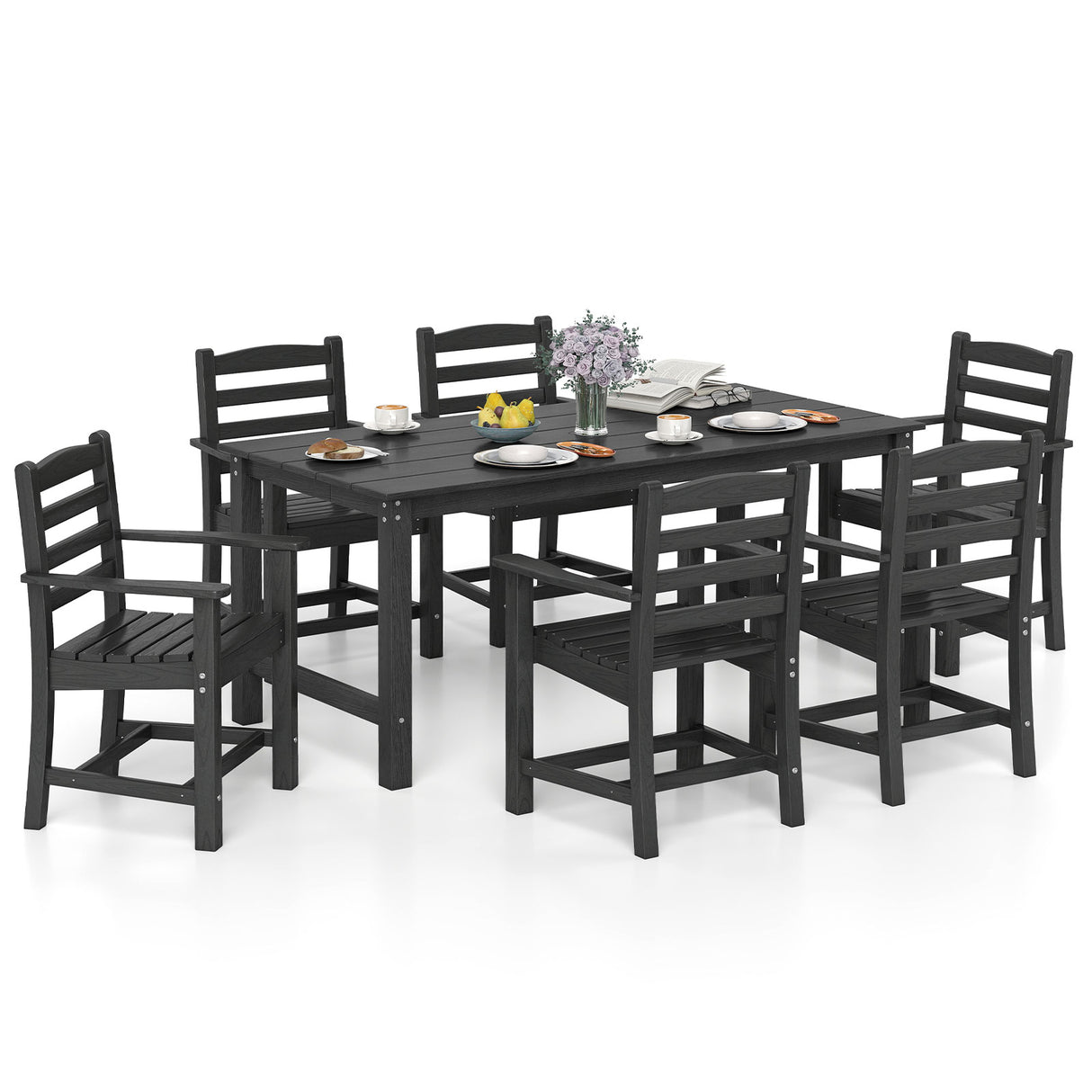 7 Pieces Outdoor Dining Table Set for 6 People 67" HDPE Patio Rectangle Table and 6 Armchairs-Black