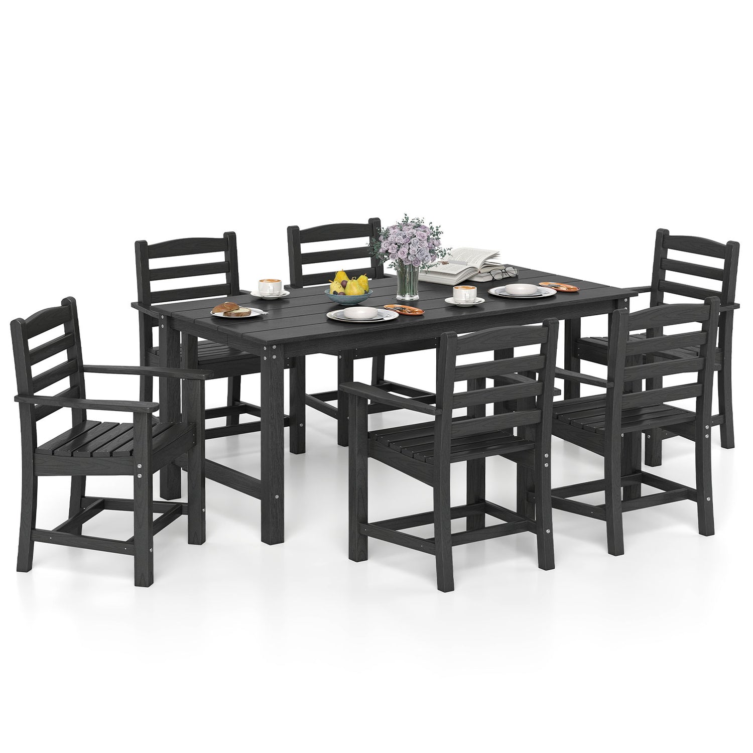 7 Pieces Outdoor Dining Table Set for 6 People 67" HDPE Patio Rectangle Table and 6 Armchairs-Black