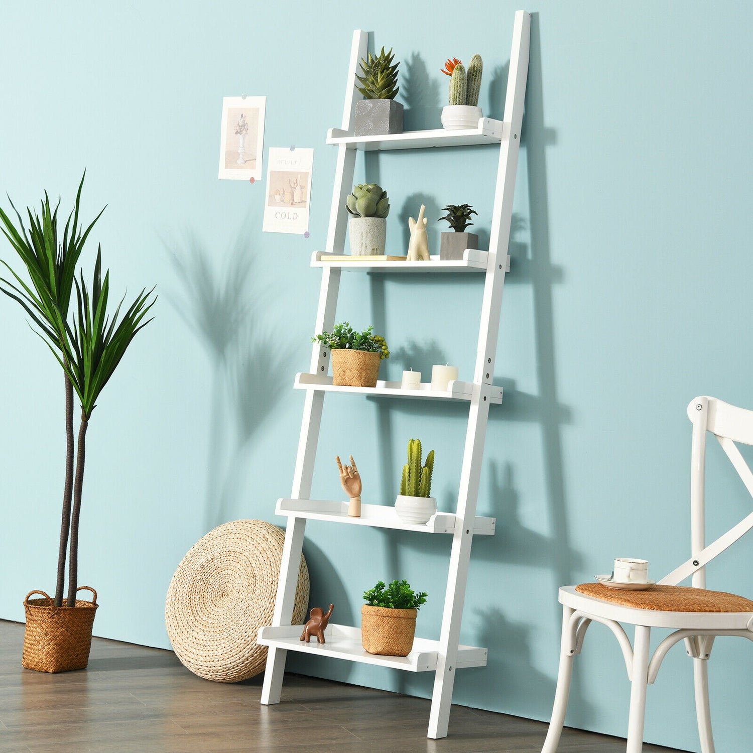 5-Tier Wall-leaning Ladder Shelf Display Rack for Plants and Books-White