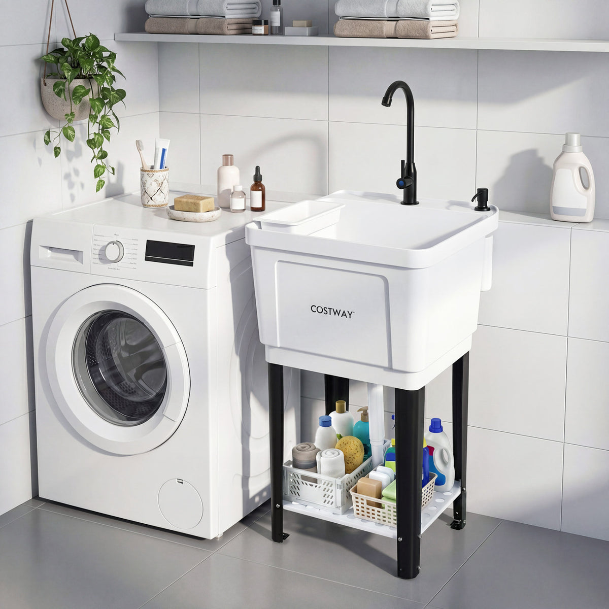 Utility Sink Laundry Tub with Rotating Faucet and Adjustable Legs