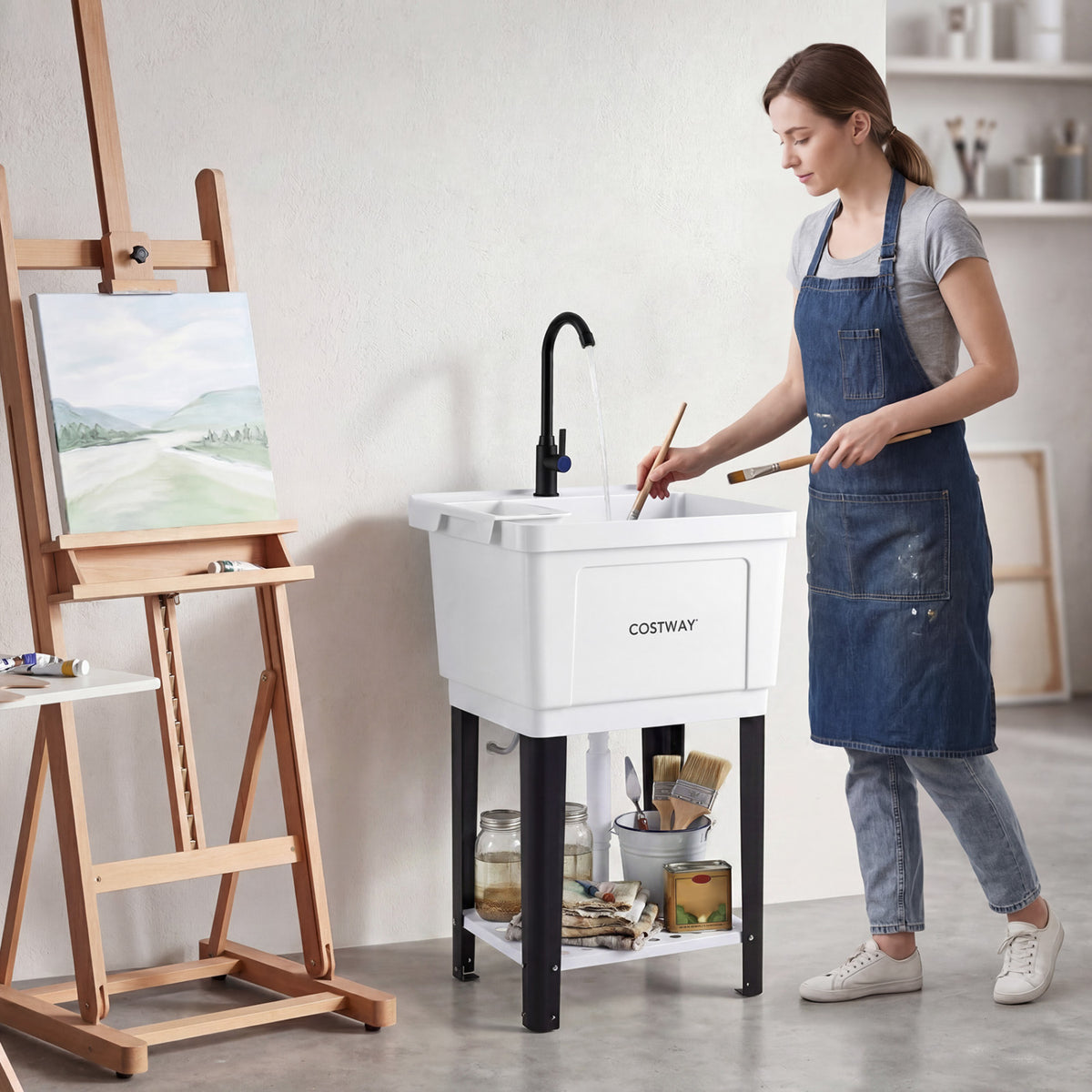 Utility Sink Laundry Tub with Rotating Faucet and Adjustable Legs