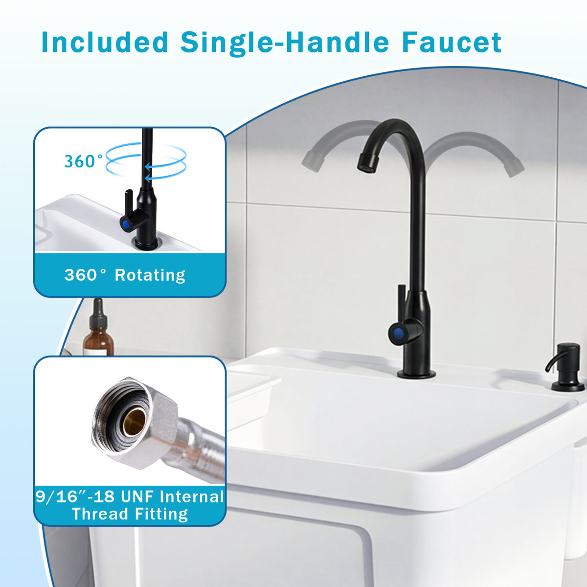 Utility Sink Laundry Tub with Rotating Faucet and Adjustable Legs