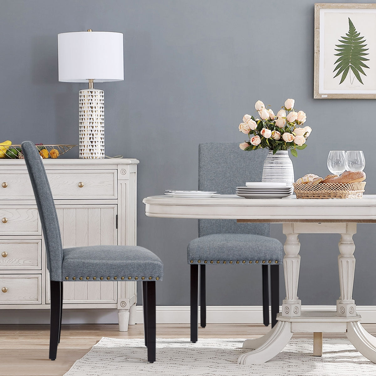 Set of 2 Fabric Upholstered Dining Chairs with Nailhead-Light Gray
