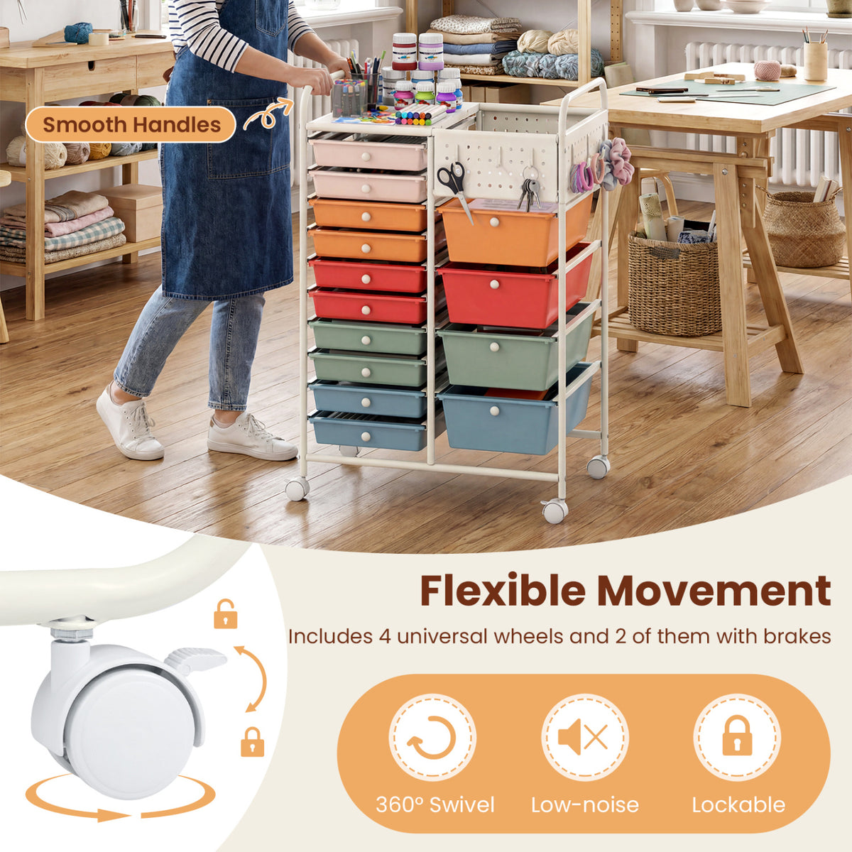 14-Drawer Rolling Storage Cart with Metal Tabletop and Pegboard