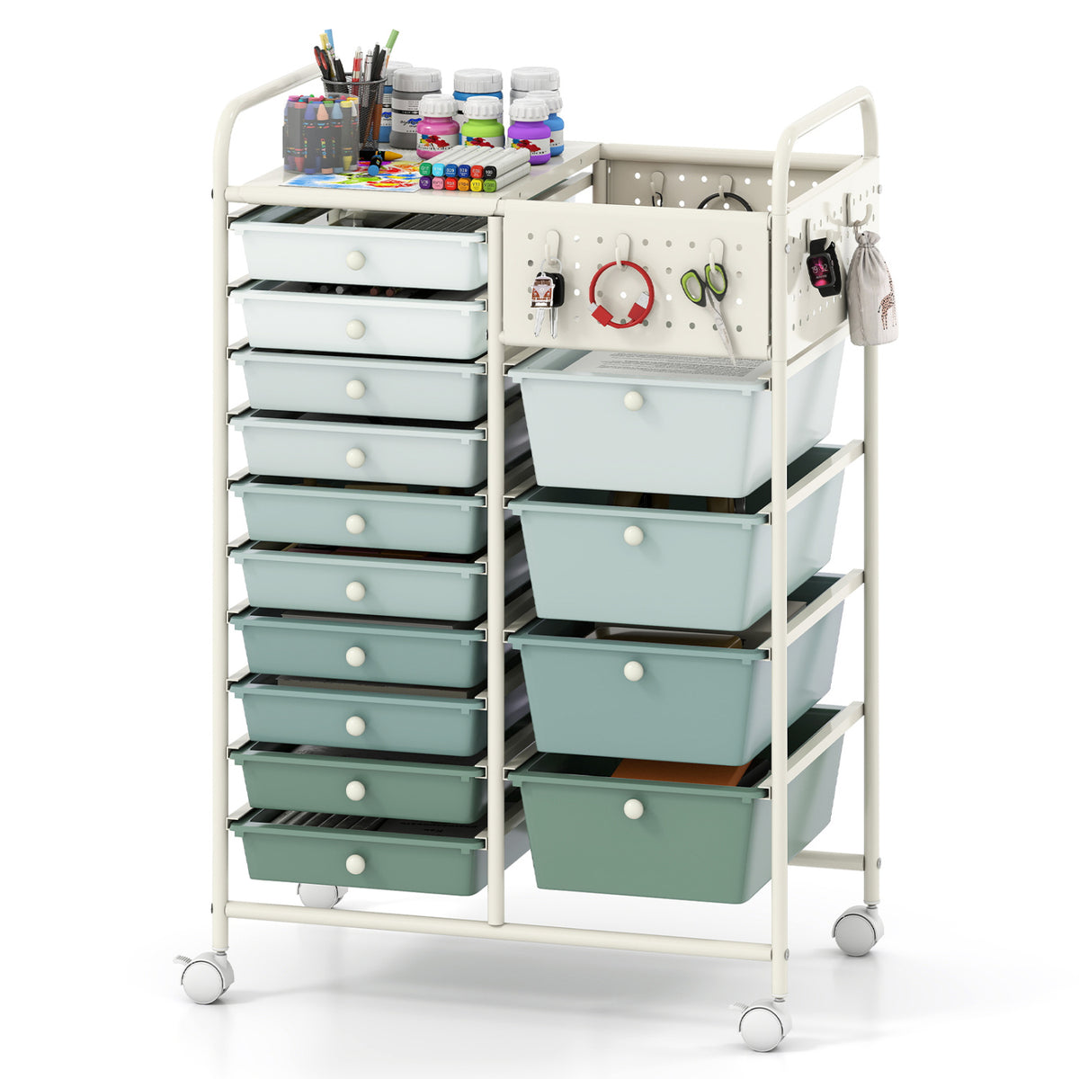 14-Drawer Rolling Storage Cart with Metal Tabletop and Pegboard