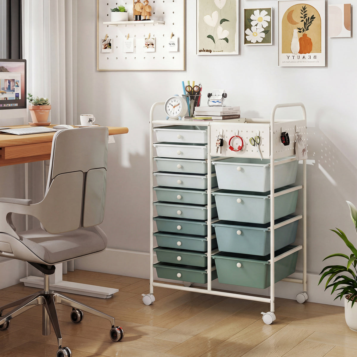 14-Drawer Rolling Storage Cart with Metal Tabletop and Pegboard