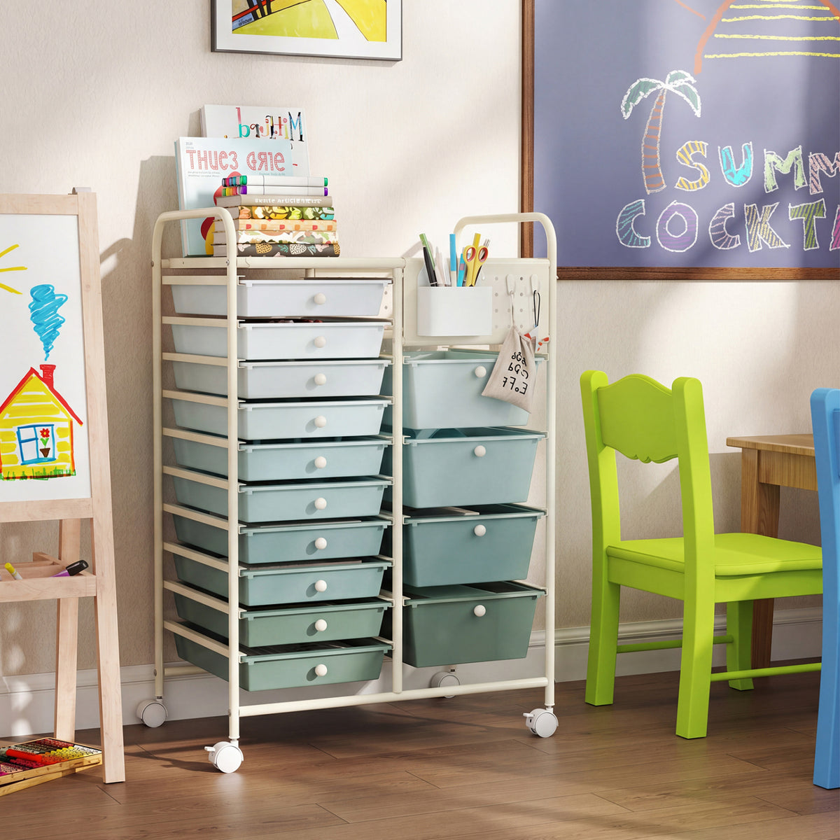 14-Drawer Rolling Storage Cart with Metal Tabletop and Pegboard