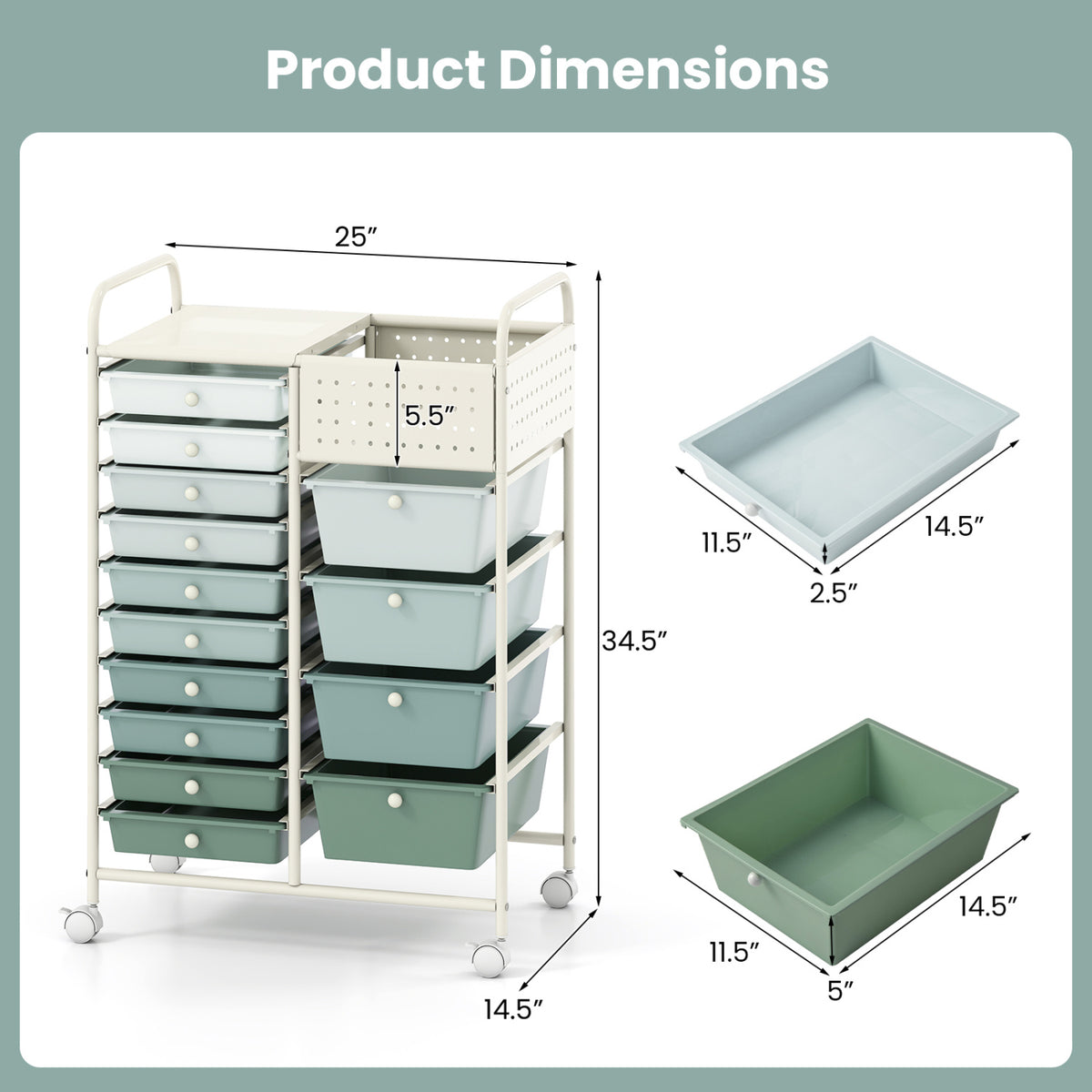 14-Drawer Rolling Storage Cart with Metal Tabletop and Pegboard