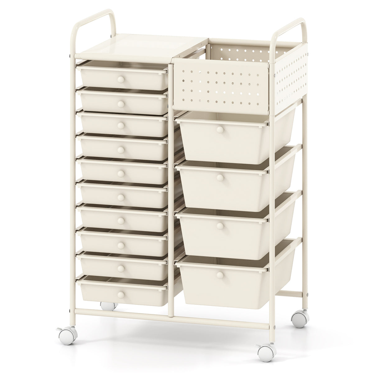 14-Drawer Rolling Storage Cart with Metal Tabletop and Pegboard