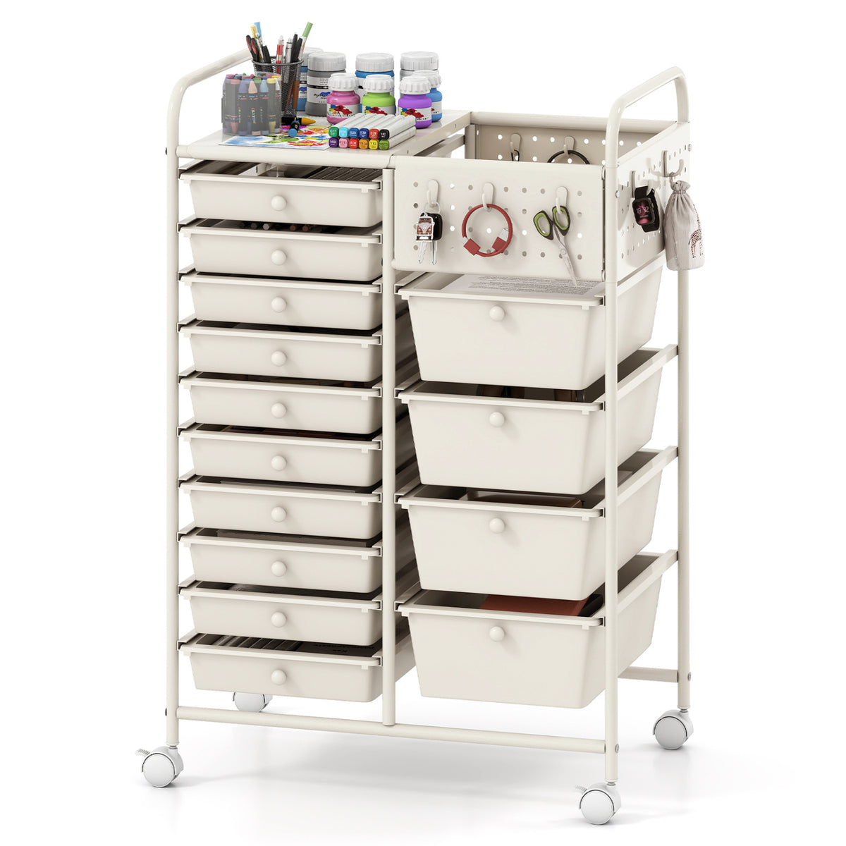 14-Drawer Rolling Storage Cart with Metal Tabletop and Pegboard