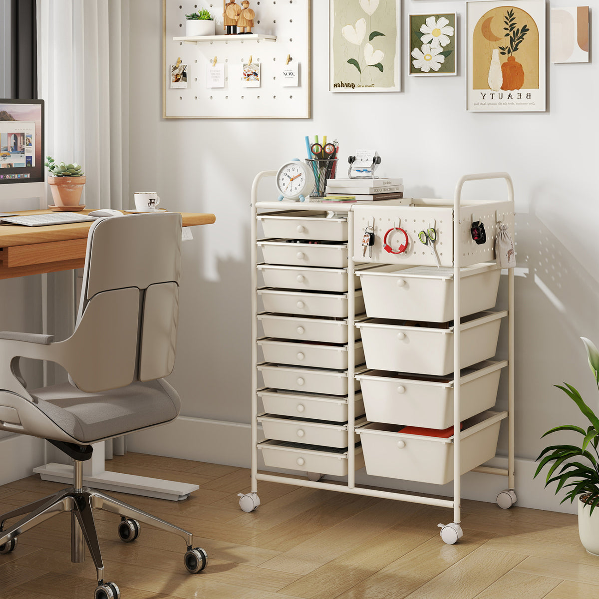 14-Drawer Rolling Storage Cart with Metal Tabletop and Pegboard