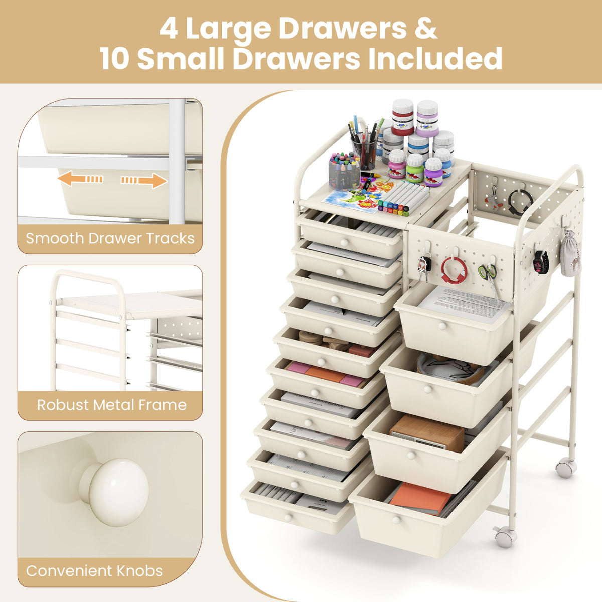 14-Drawer Rolling Storage Cart with Metal Tabletop and Pegboard