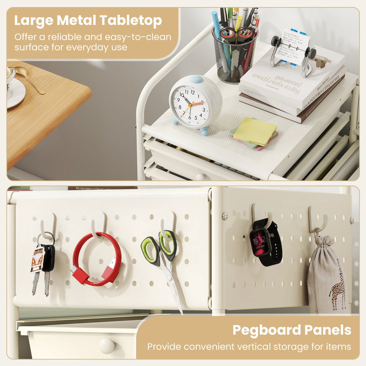 14-Drawer Rolling Storage Cart with Metal Tabletop and Pegboard