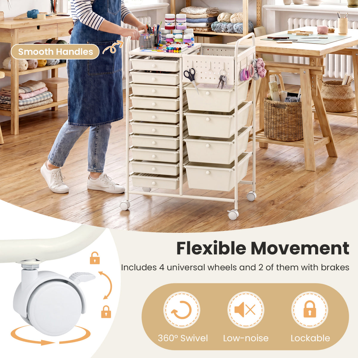 14-Drawer Rolling Storage Cart with Metal Tabletop and Pegboard