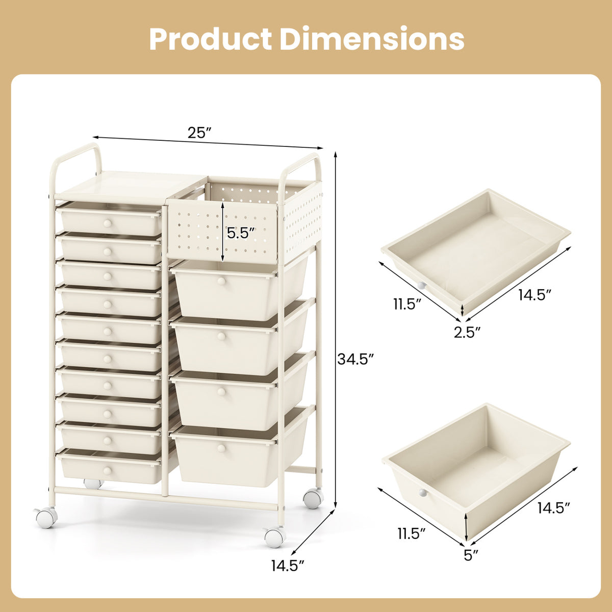 14-Drawer Rolling Storage Cart with Metal Tabletop and Pegboard