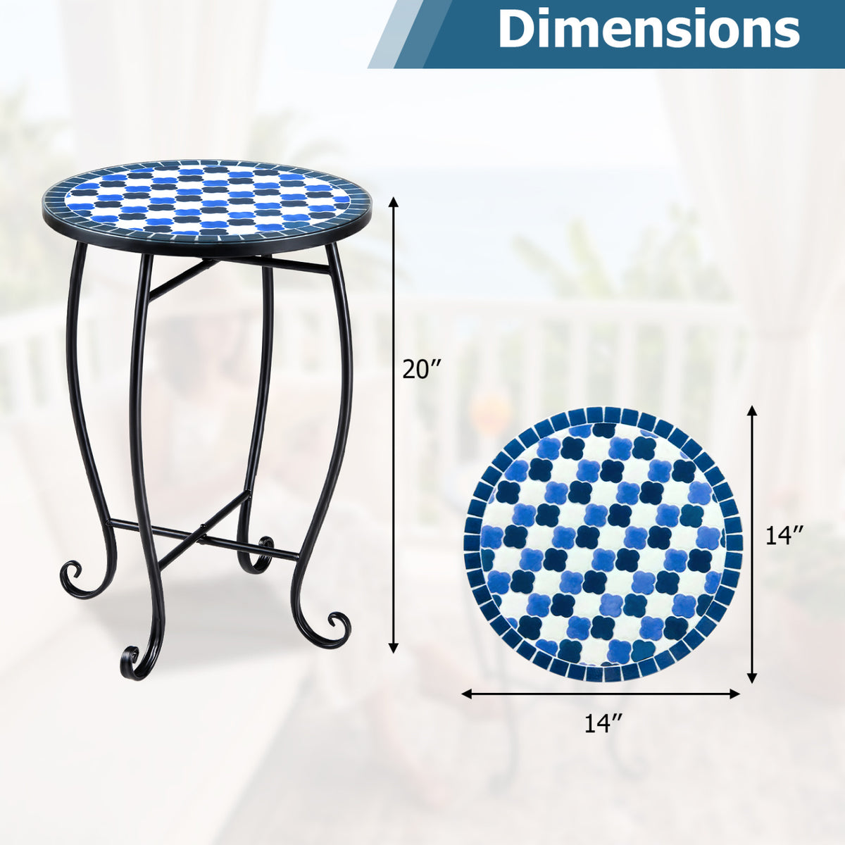 14" Floral Clover/Blooming Lotus/Bright Sunflower Mosaic Patio Accent Coffee End Table