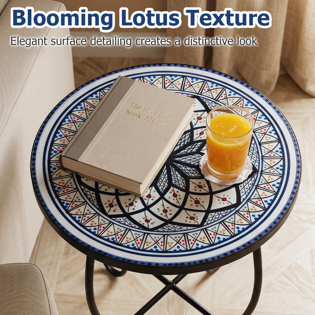 14" Floral Clover/Blooming Lotus/Bright Sunflower Mosaic Patio Accent Coffee End Table