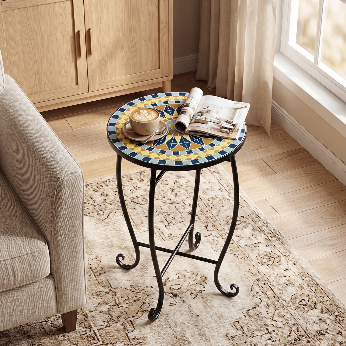 14" Floral Clover/Blooming Lotus/Bright Sunflower Mosaic Patio Accent Coffee End Table