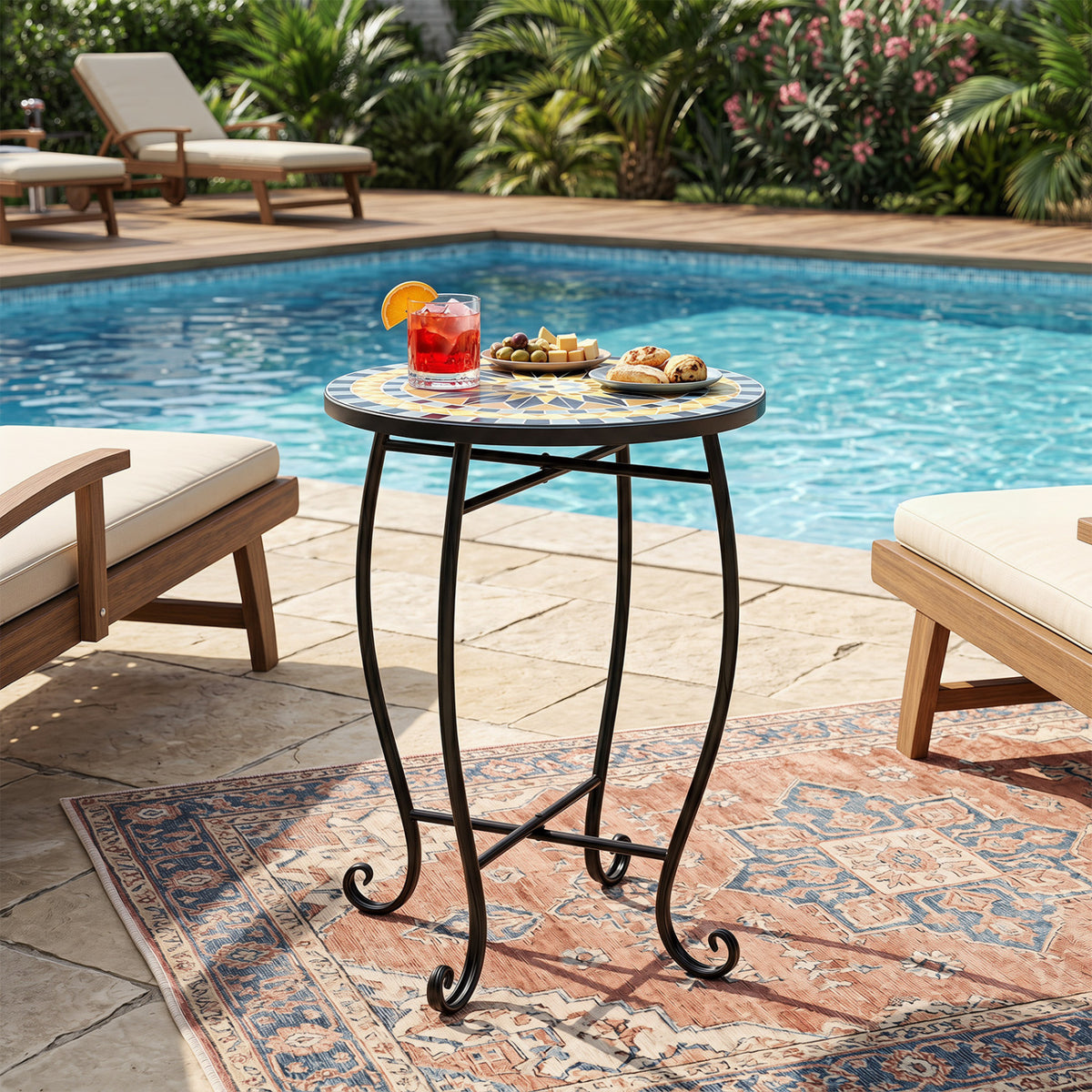 14" Floral Clover/Blooming Lotus/Bright Sunflower Mosaic Patio Accent Coffee End Table