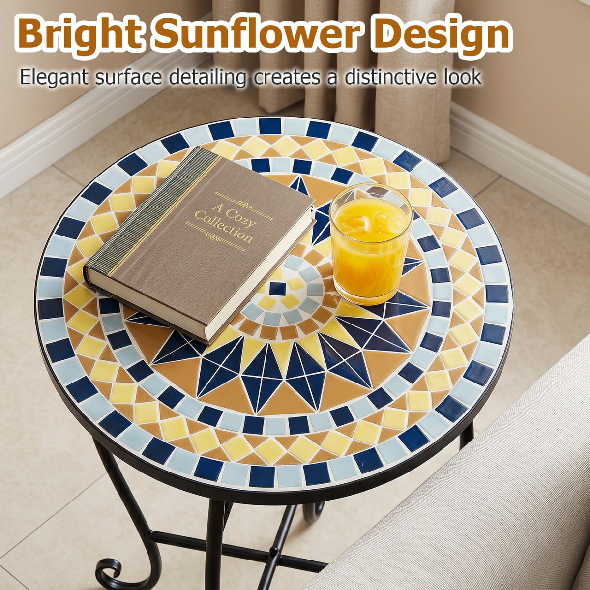14" Floral Clover/Blooming Lotus/Bright Sunflower Mosaic Patio Accent Coffee End Table