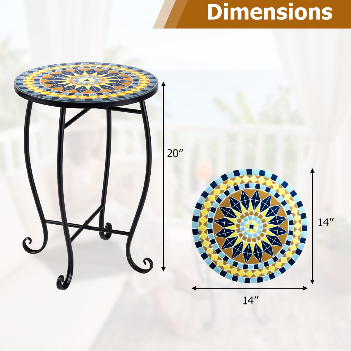 14" Floral Clover/Blooming Lotus/Bright Sunflower Mosaic Patio Accent Coffee End Table