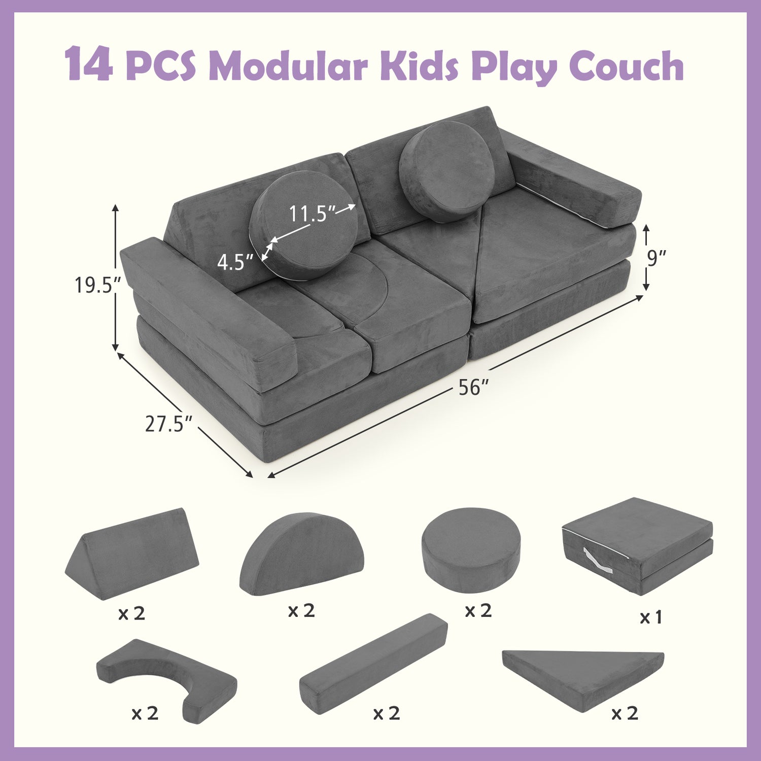 14 PCS Modular Kids Play Couch for Playroom and Bedroom