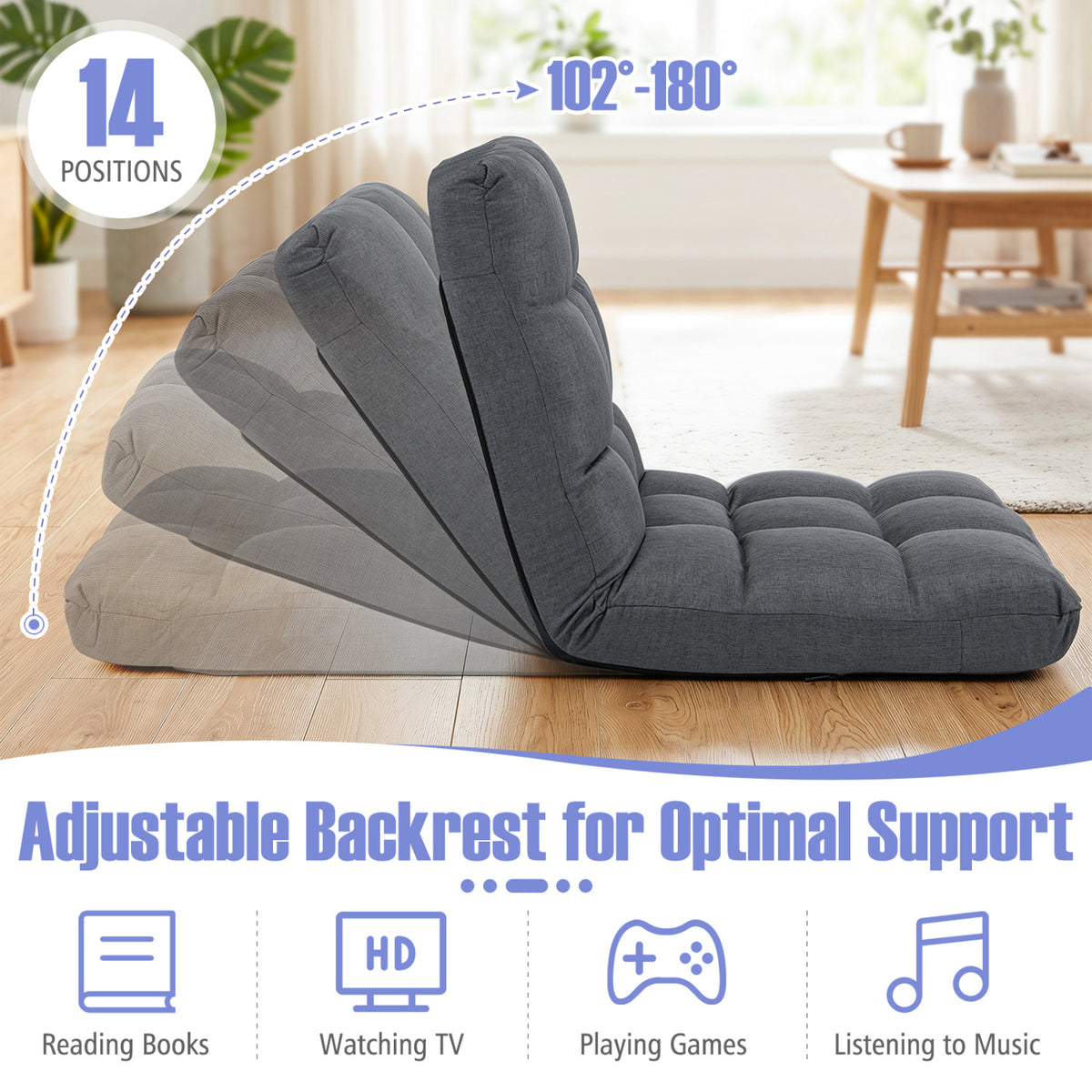 14-Position Adjustable Floor Chair for Adults with Back Support and Comfy Cushion-Gray