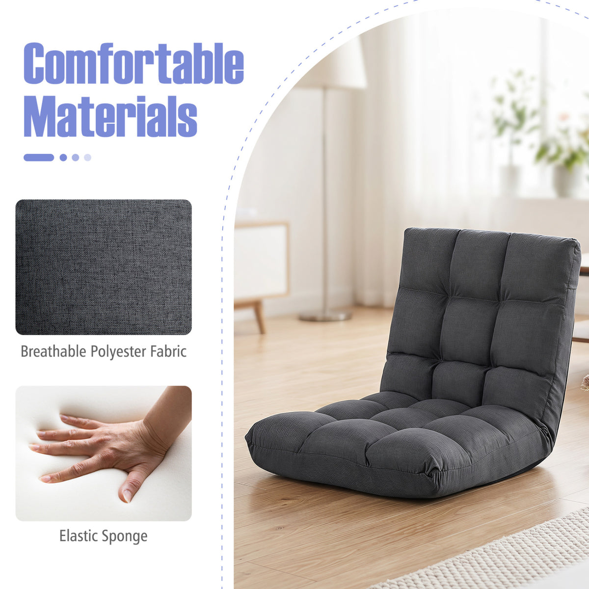 14-Position Adjustable Floor Chair for Adults with Back Support and Comfy Cushion-Gray