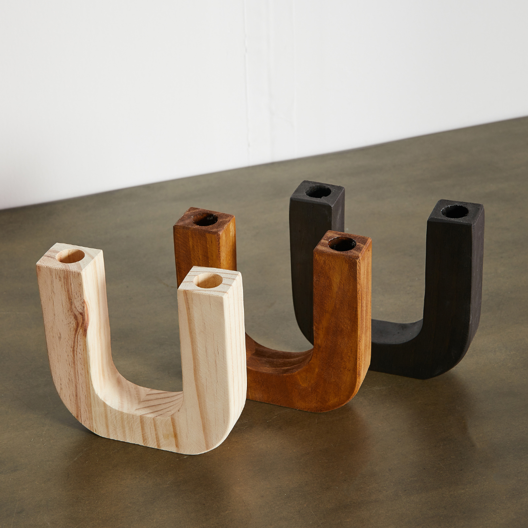 U-Shaped Wooden Double Taper Candlestick Holder