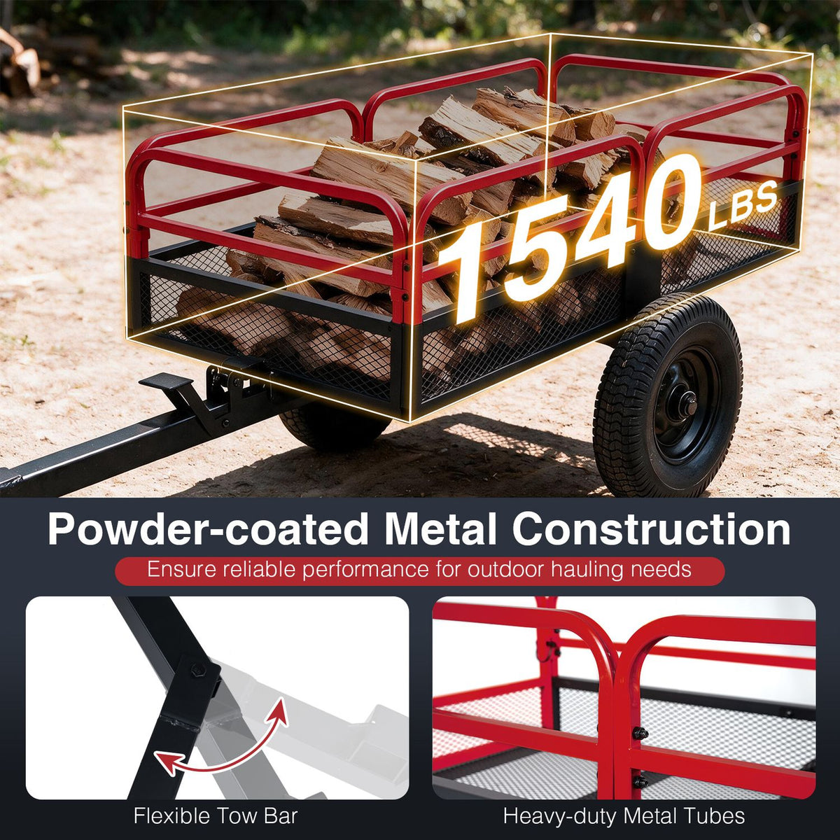 1540 LBS Capacity 17.6 Cu. Ft Heavy Duty Metal Dump Cart Trailer