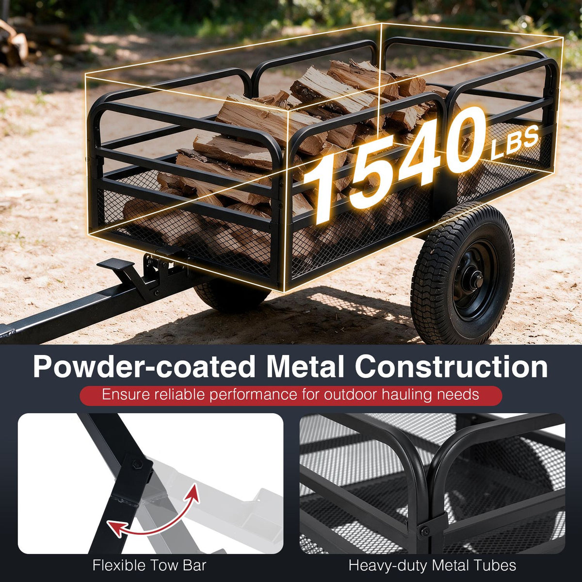 1540 LBS Capacity 17.6 Cu. Ft Heavy Duty Metal Dump Cart Trailer